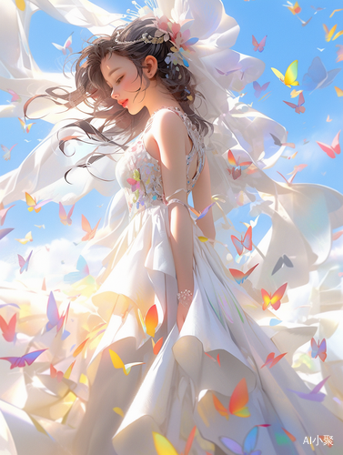 Captivating Colorful Girl in a Beautiful White Dress and Butterflies