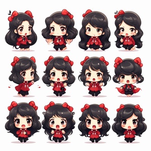 Cute little qirl, black hair, red bow,emoji pack,16 emotions multiple poss and expressions, in the style of hallyu, mori kei, duckcore, plush doll art,exaggeratedposes,[happy, angry, sad, cry, cute, expecting, laughing,disappointed,shy] white background style cute