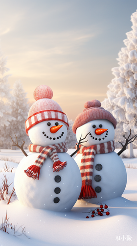 Cute Snowmen in a Winter Landscape