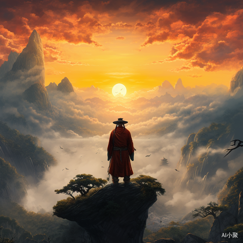 山顶布衣男子眺望远处夕阳中国山水画插画