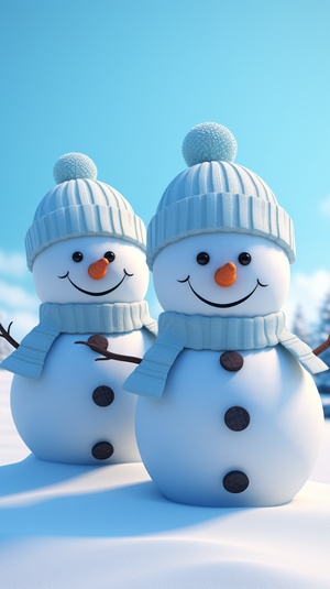 a couple of snowmen standing next to each other, cute! c4d, snow landscape background, cute 3 d render, snowy, snow fall, winter season, winter snow, snow scene, cgsociety 9, winter in the snow, winter time, cute hats, cold pure color background, christmas, cgi animation, 3 winter deities, snowy background