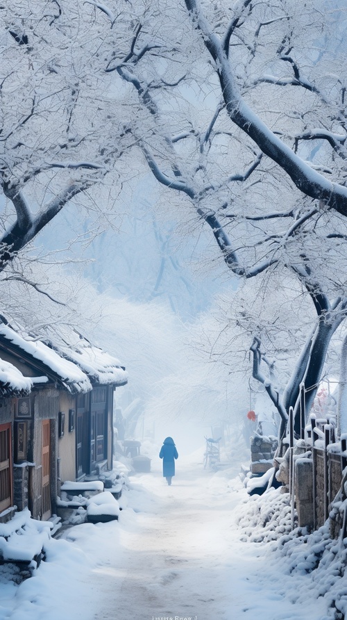 农村大街上，白雪皑皑，一个孤零零的女子走在大雪中