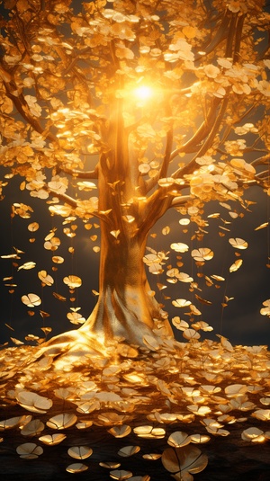 The majestic and most beautiful gold tree is covered with gold coins. The leaves are gold. There are many beautiful golden wild flowers under the tree. It is brilliant, dreamy, light effect, flame, myth light background, 4k, 8k, illusion engine, octane rendering, high-definition， 4K.HD