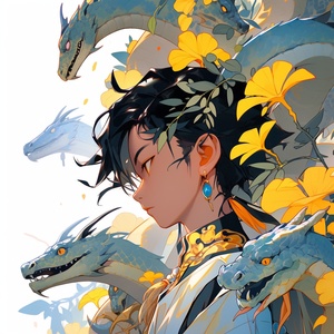 anime cover art of tao sato, with a dragon and dragonflies, in the style of james jean, genderless, yanjun cheng, kintsugi, close-up, charming character illustrations, yellow and azure