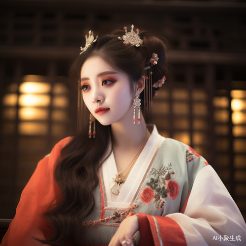 古风美少女穿红色白玻璃纱汉服在宫殿中摆姿势