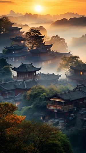 Mist-Covered City with Gongbi Style: Combining Natural and Man Made Elements