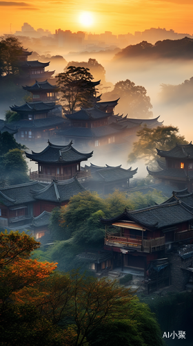 Mist-Covered City with Gongbi Style: Combining Natural and Man Made Elements