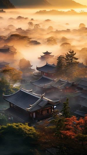 mist covered houses and trees on a city's background, in the style of gongbi, eye catching, combining natural and man made elements, associated press photo, ferrania p30, traditional craftsmanship, golden light