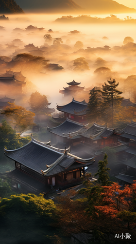 Mist-Covered City with Gongbi Style: Combining Natural and Man Made Elements