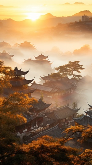 Mist-Covered City with Gongbi Style: Combining Natural and Man Made Elements