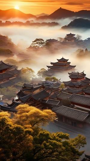 Mist-Covered City with Gongbi Style: Combining Natural and Man Made Elements