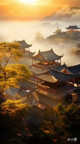 Mist-Covered City with Gongbi Style: Combining Natural and Man Made Elements