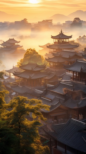 Mist-Covered City with Gongbi Style: Combining Natural and Man Made Elements