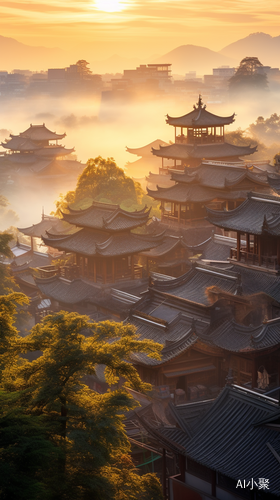 Mist-Covered City with Gongbi Style: Combining Natural and Man Made Elements