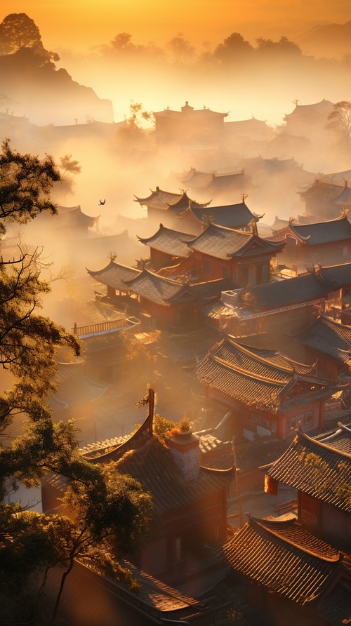 mist covered houses and trees on a city's background, in the style of gongbi, eye catching, combining natural and man made elements, associated press photo, ferrania p30, traditional craftsmanship, golden light