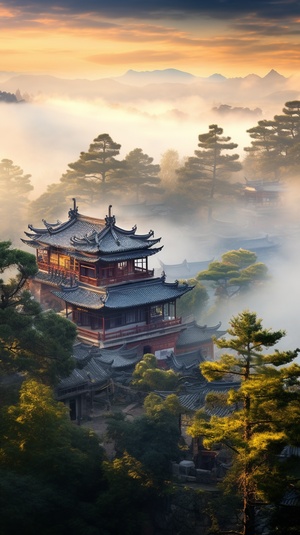 mist covered houses and trees on a city's background, in the style of gongbi, eye catching, combining natural and man made elements, associated press photo, ferrania p30, traditional craftsmanship, golden light