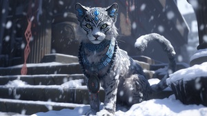 3D CG雪猫穿着幻想蓝灰色飘带，奔跑在雪地古罗马神庙内