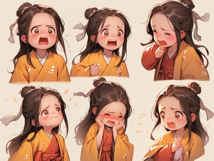 Cute little Chinese girl in Hanfu, Wear yellow clothes, multiple poss and expressions, angry, happy coquettish, serious, study, cute, as an illustration set, same sizeneatly arrangedequal spacingbetween each element and no overlapping, in the style of gongbi, graceful poses, pink and green, commission for, dark brown and yellow, 32k uhd, happenings, white background niji 5s 400