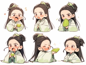 Cute little Chinese girl in Hanfu, Wear yellow clothes, multiple poss and expressions, angry, happy coquettish, serious, study, cute, as an illustration set, same sizeneatly arrangedequal spacingbetween each element and no overlapping, in the style of gongbi, graceful poses, pink and green, commission for, dark brown and yellow, 32k uhd, happenings, white background niji 5s 400