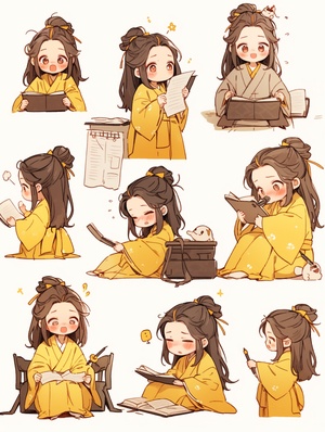 A little girl in a yellow robe reads, traditional clothes, animated character design, Chinese painting, light gray, cute, modest charm, emoticon package, 9 emoticons, emoticon Symbol table, multiple postures and expressions, anthropomorphic style, black strokes, different emotions, multiple poss and expressions, 8k style cute niji 5