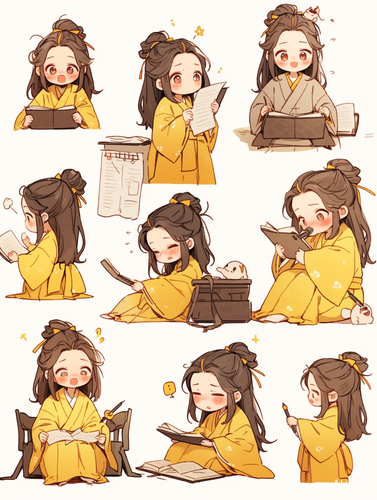 Cute Little Girl in Yellow Robe with 9 Emoticons