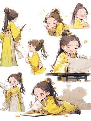 A little girl in a yellow robe reads, traditional clothes, animated character design, Chinese painting, light gray, cute, modest charm, emoticon package, 9 emoticons, emoticon Symbol table, multiple postures and expressions, anthropomorphic style, black strokes, different emotions, multiple poss and expressions, 8k style cute niji 5