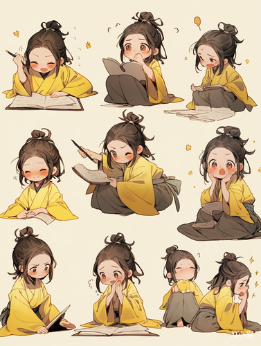 Cute Little Girl in Yellow Robe with 9 Emoticons