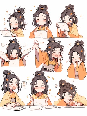 A little girl in a orange robe reads, traditional clothes, animated character design, Chinese painting, light gray, cute, modest charm, emoticon package, 9 emoticons, emoticon Symbol table, multiple postures and expressions, anthropomorphic style, black strokes, different emotions, multiple poss and expressions, 8k style cute niji 5