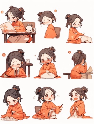 A little girl in a orange robe reads, traditional clothes, animated character design, Chinese painting, light gray, cute, modest charm, emoticon package, 9 emoticons, emoticon Symbol table, multiple postures and expressions, anthropomorphic style, black strokes, different emotions, multiple poss and expressions, 8k style cute niji 5