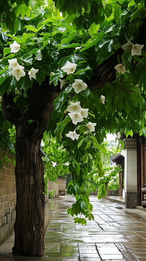 庭院中一棵巨大而独立古老的铃铛花树, 100多个白色色铃铛花莲居中树上,雨水过后湿哒哒， 绿色蔓藤垂下到到地面, 这棵树的主景是每一朵铃铛花非常饱满鲜艳，非常明显的细节描述, 景深, 高清晰度, 水平视角拍摄, 家庭花园, 中式花园, 真实拍摄