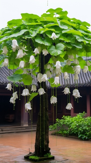 庭院中一棵巨大而独立古老的铃铛花树, 100多个白色色铃铛花莲居中树上,雨水过后湿哒哒， 绿色蔓藤垂下到到地面, 这棵树的主景是每一朵铃铛花非常饱满鲜艳，非常明显的细节描述, 景深, 高清晰度, 水平视角拍摄, 家庭花园, 中式花园, 真实拍摄