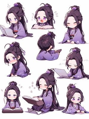 A little girl in a purple robe reads, traditional clothes, animated character design, Chinese painting, light gray, cute, modest charm, emoticon package, 9 emoticons, emoticonSymbol table, multiple postures and expressions, anthropomorphic style, black strokes, different emotions, multiple poss and expressions, 8k style cute niji 5