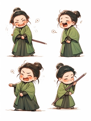 Little boy in blackish green robe, elegant Tang Dynasty poet, holding a long sword. four cute poses and expressions, smile, sad, angry, anticipation. different emotions multiple poss and expressions, Chinese painting, Chibi, illustrations, flatcolors, simple line 2d painting, popular artstations, digital art, pixel style cartoons, lineworks, 8k