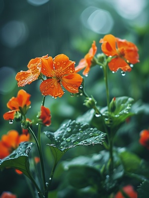 雨后橘红色的百日菊花高清图