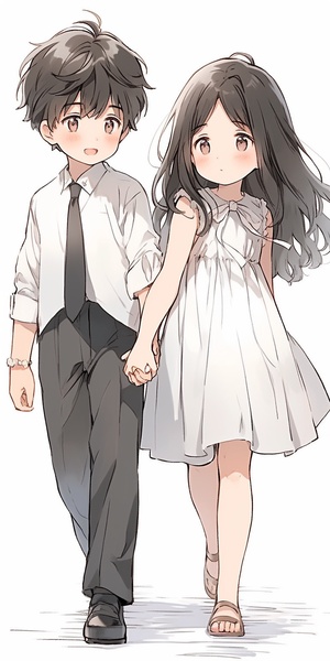 A little boy and a little girl,the boy holds the girls hand, and smiles and her,the girl has big brown eyes and black curly hair,the girl is cute and the boy is handsome,the girl wears a white long dress and has a black cap,the boy wears a black tie and a white suit,back drop is white.