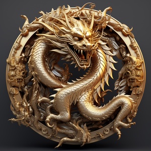 A Chinese golden dragon, circular, very bright, made of very bright gold material, nickel plated, with very fine details, very bright, leaving half of the space to fill the background with red, front,ultra-detailed,octane rendering,UHD,3D rendering,detailed intricate s 252 ar 1:1 style raw v 5.2