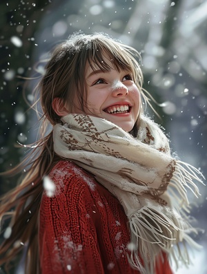 1girl,solo,scarf,long_hair,smile,white_scarf,snow,looking_at_viewer,brown_hair,sweater,winter,blurry,outdoors,upper_body,blurry_background,watermark,realistic,artist_name,snowing,teeth,grin,tree,red_sweater,lips,web_address