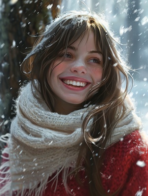 Smiling girl with long hair wearing a white scarf