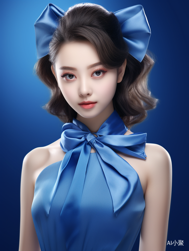 时尚中国女性3D渲染：蓝色高领衣服与蝴蝶结