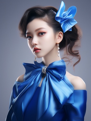 时尚中国女性3D渲染：蓝色高领衣服与蝴蝶结