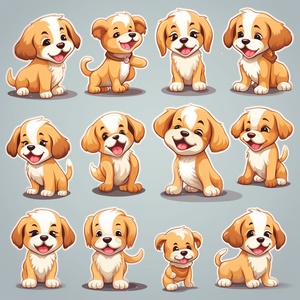 sheet of cute dog stickers，various postures and expressions, different emotions, various poss and expressions, a individual ui design app icon Ulinterface happy delight joyful brandnew ar 3:4style cute s 180