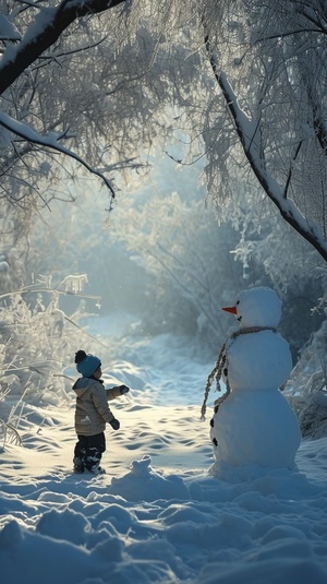 一个阳光明媚的冬天，一个中国小男孩，在雪地里堆雪人，