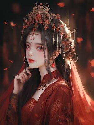 Ancient,beauty,,wedding,dress,,long,black,hair,,delicate,makeup,,exquisite,hair,accessories,,neck,ornaments,,ear,ornaments,,Fengguan,Xia,,wearing,luxurious,and,atmospheric,red,and,gold,pattern,Han,costume,,hazy,sense,,eyes,looking,at,the,camera,,surrounded,by,red,balloons,,emitting,atmosphere,around,the,body,light,,auditorium,background,,dreamlike,sense,,hazy,sense,,ancient,style,,perfect,composition,,fine,details,,movie,texture,,8k,,masterpiece,,quadratic,illustration.,s200,niji5