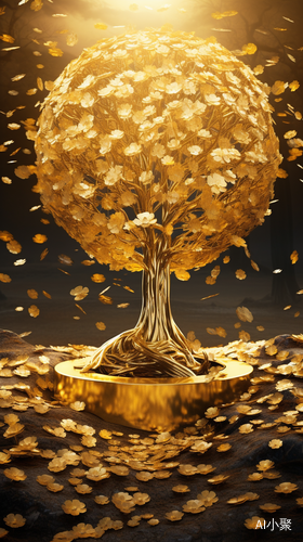 The Majestic Golden Tree with Gold Coins and Underneath Golden Wild Flowers