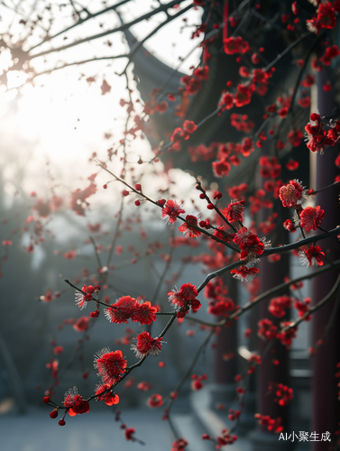 冬晨红梅：中国古建背景下的超精细细节