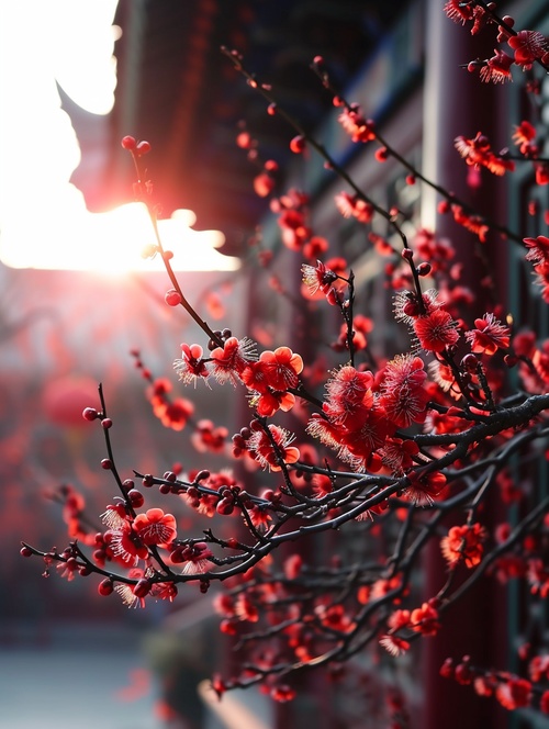 冬天早晨红梅特写，中国古建筑模糊背景，背光，阳光，超精细细节，超高清画质，