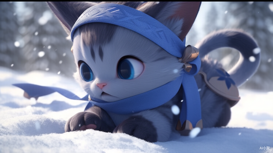 3D CG小可爱和雪猫在古罗马神庙中的幻想世界