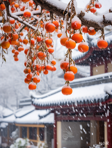 江南小镇的柿子树下厚厚白雪中的雪花摄影