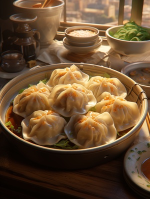 Stuffed dumplings, makoto shinkai, dreamy symbolism,dao trong le,focus stacking, soft and rounded forms v 5.2ar 9:16