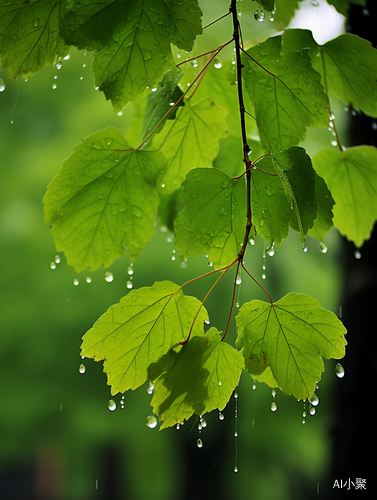 高耸阁楼中的梧桐树：雨水滋润的翠绿